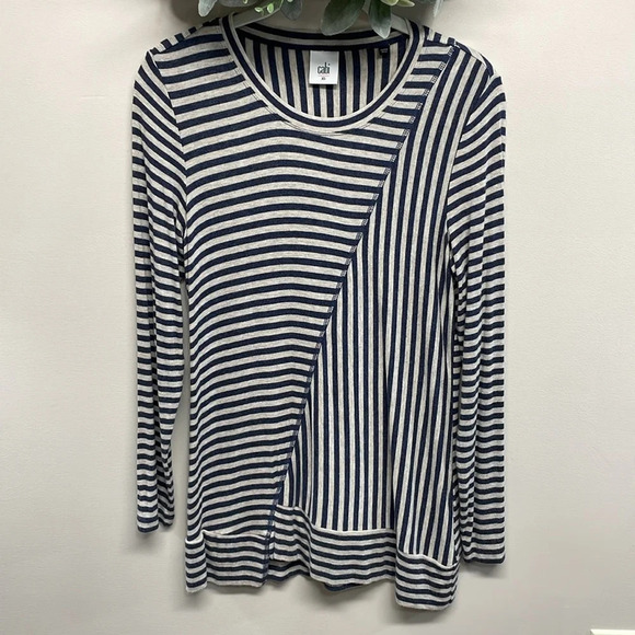 NWOT Cabi #3228 Ernest Knit Long Sleeve Tee Tunic Top Navy Oatmeal Striped XS - Picture 2 of 16